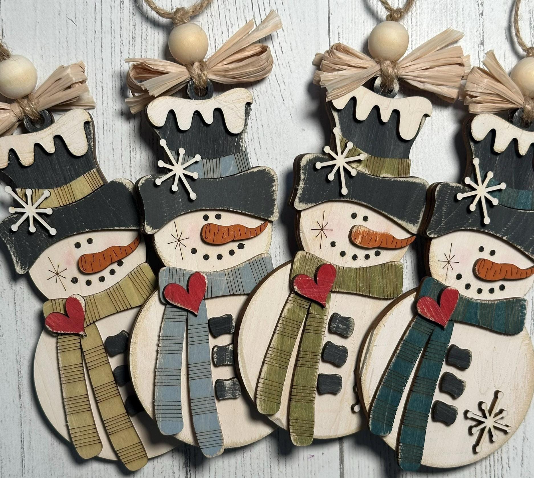 4 rustic snowman ornaments