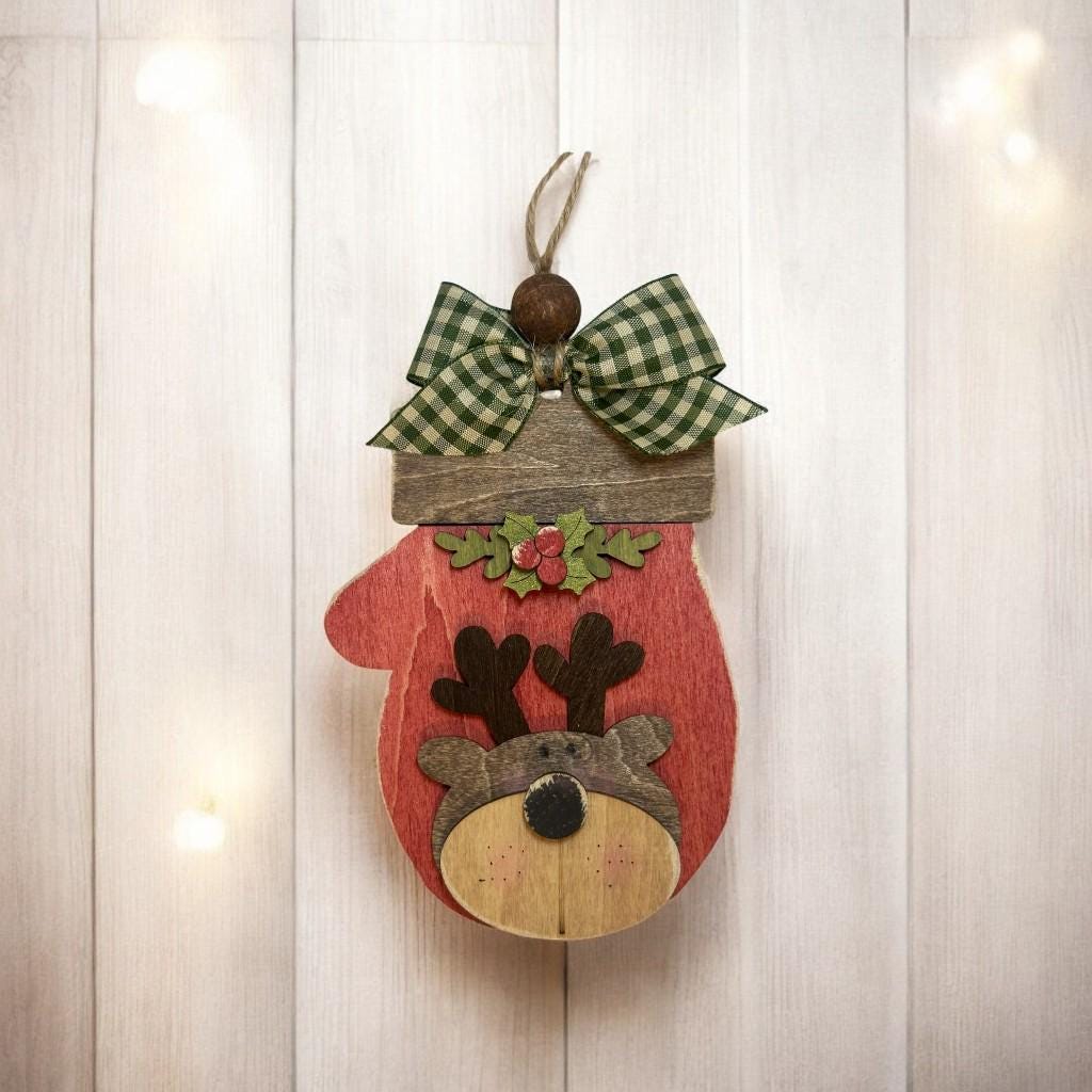 Hand Painted Mitten Ornament - Rustic Wood Christmas Decor - Beaded Hanger - Tree Ornament - OOAK Holiday Gift