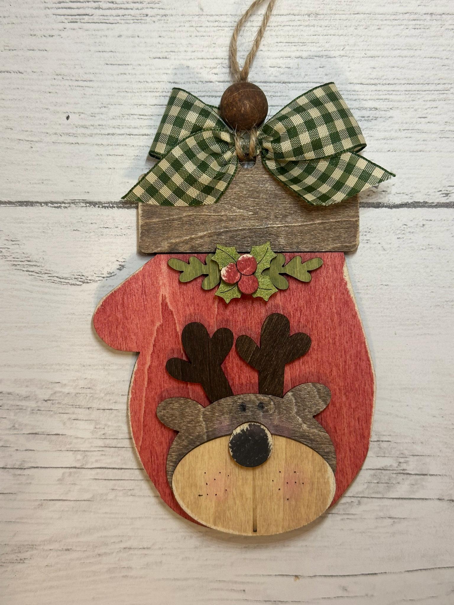 Hand Painted Mitten Ornament - Rustic Wood Christmas Decor - Beaded Hanger - Tree Ornament - OOAK Holiday Gift
