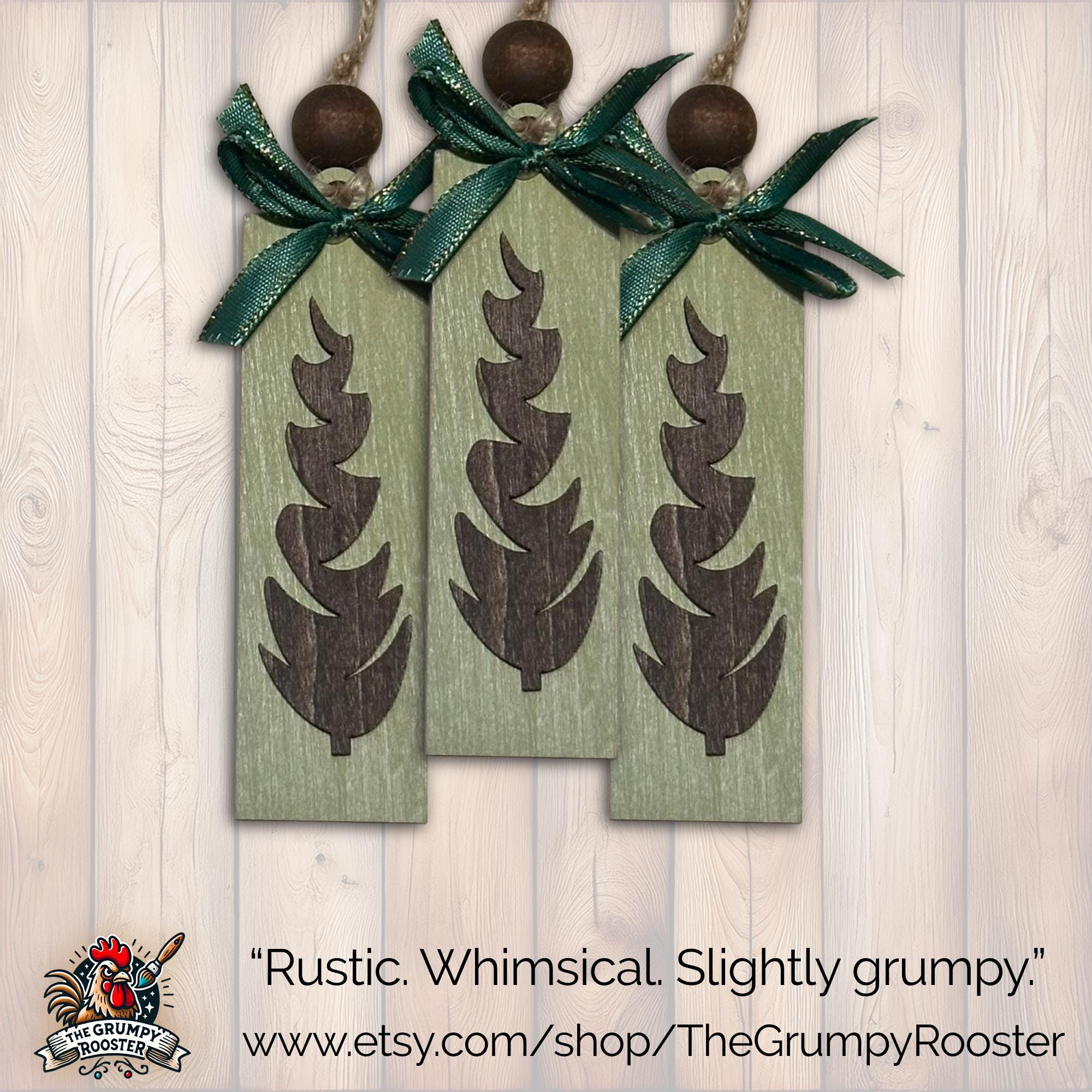 Farmhouse Rustic Green Ornament, Wood Holiday Decor, farmhouse holiday decor, wooden tree ornament, Single or Bulk Qty