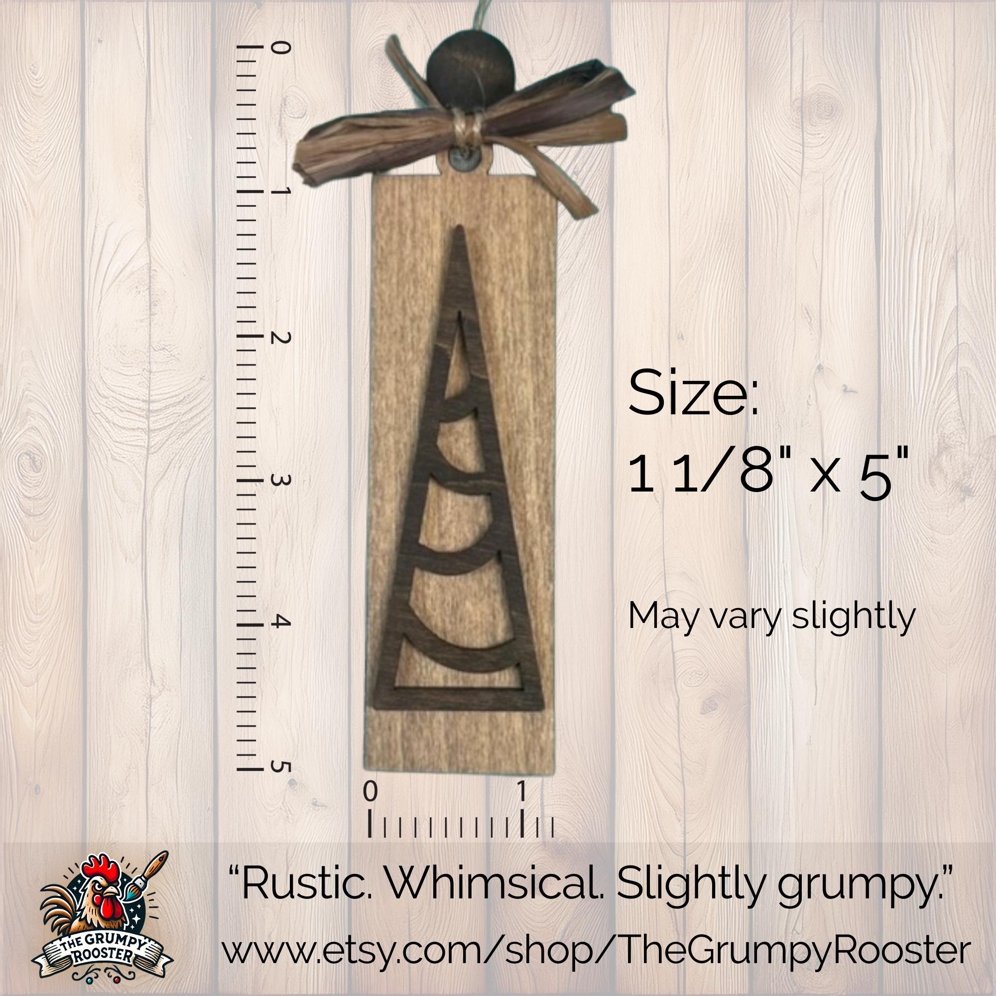 Rustic handmade wooden ornaments in warm brown and gray tones, farmhouse tree décor.