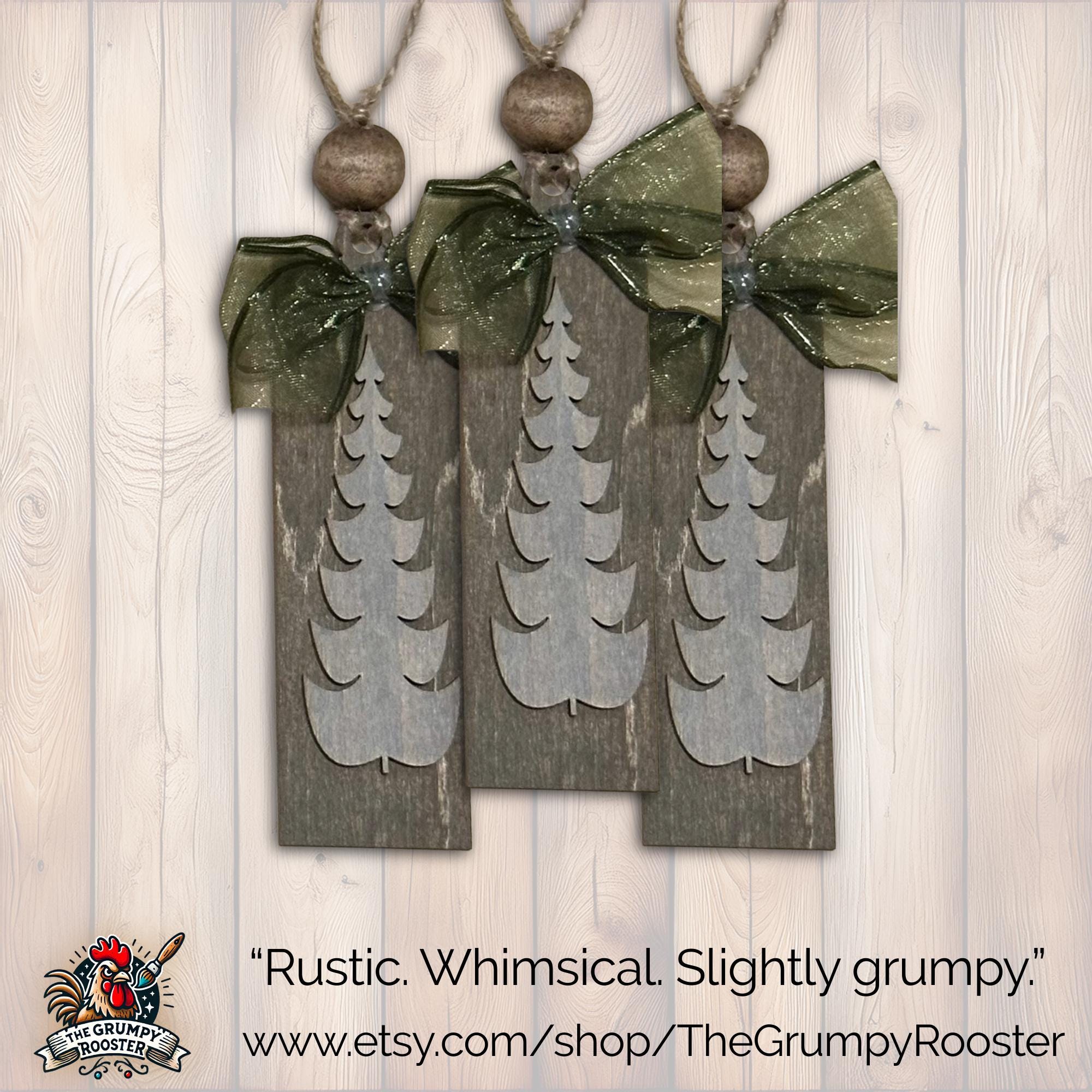 Vintage Dark Gray Homestead Holiday Style Ornament, Wood Holiday Decor, natural wood ornament, modern rustic ornament, Single or Bulk Qty