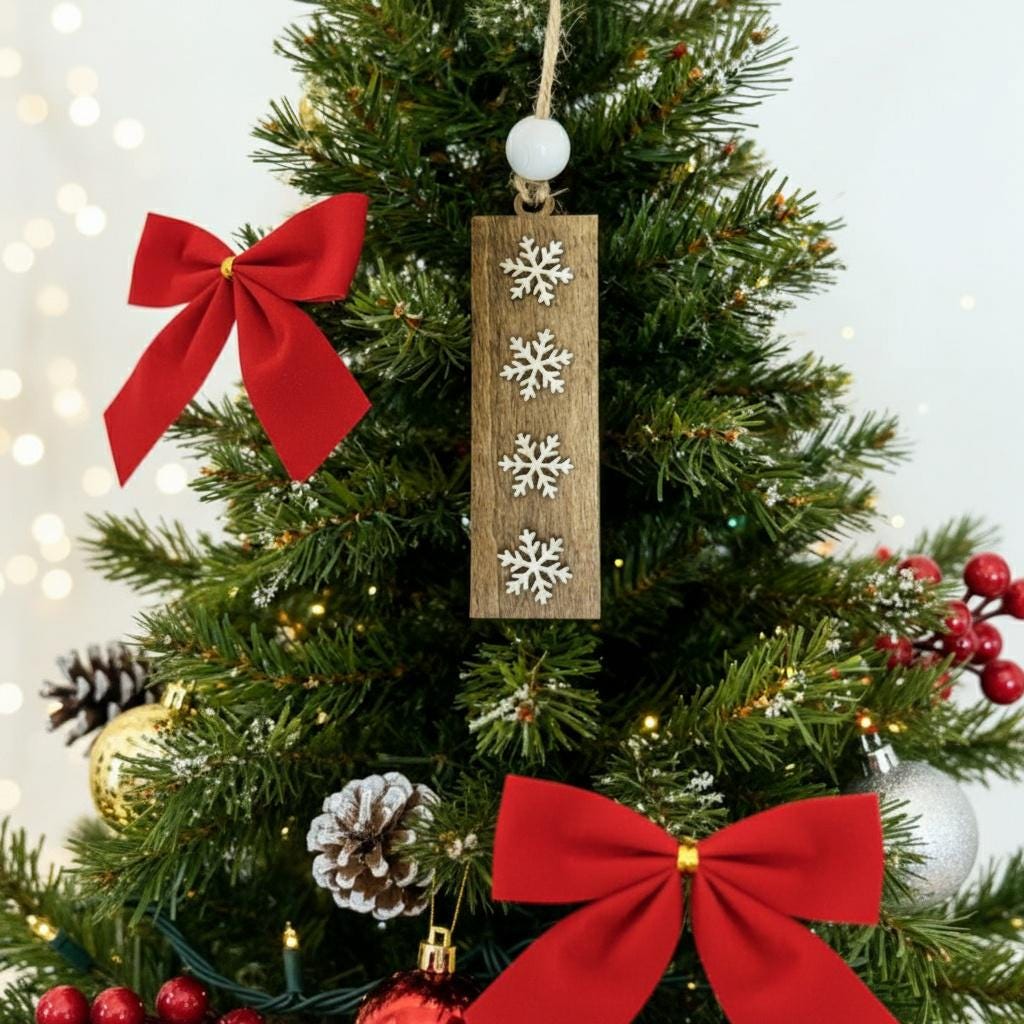 Rustic Wooden Snowflake Ornaments - Handmade Rectangle Christmas Tree Decor - Winter Holiday Farmhouse Style Single or Bulk