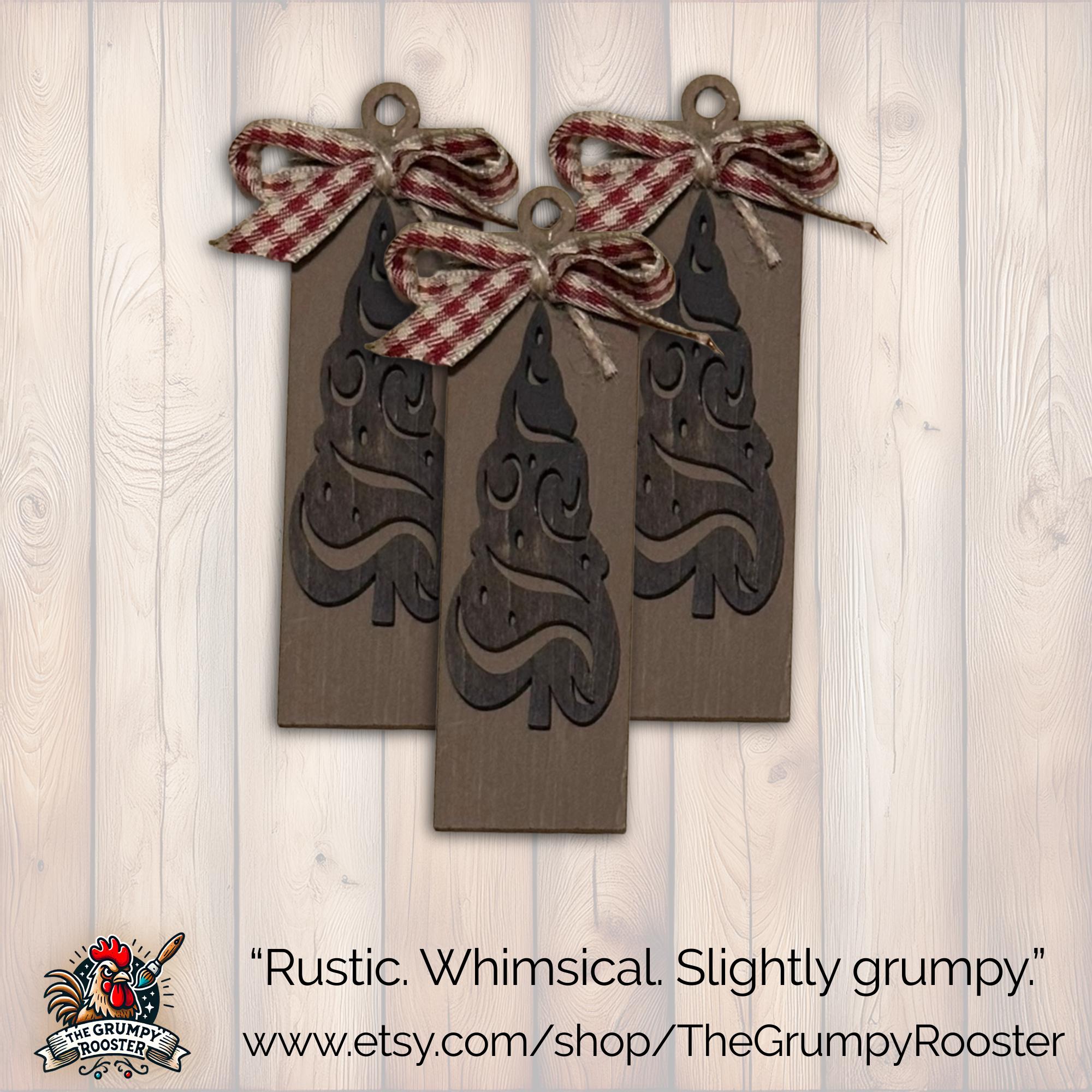 Vintage Dark Brown Ornament, Wood Holiday Decor, rustic christmas ornament, christmas tree decoration, Single or Bulk Qty