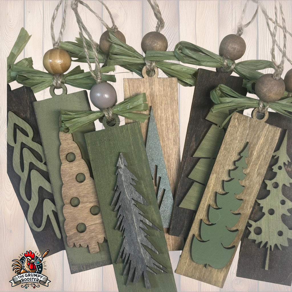 Rustic Christmas Tree Ornaments - Green Gray Brown Stained Vintage Gift Pack or Bulk Winter Tree Holiday Ornament Finished Handpainted