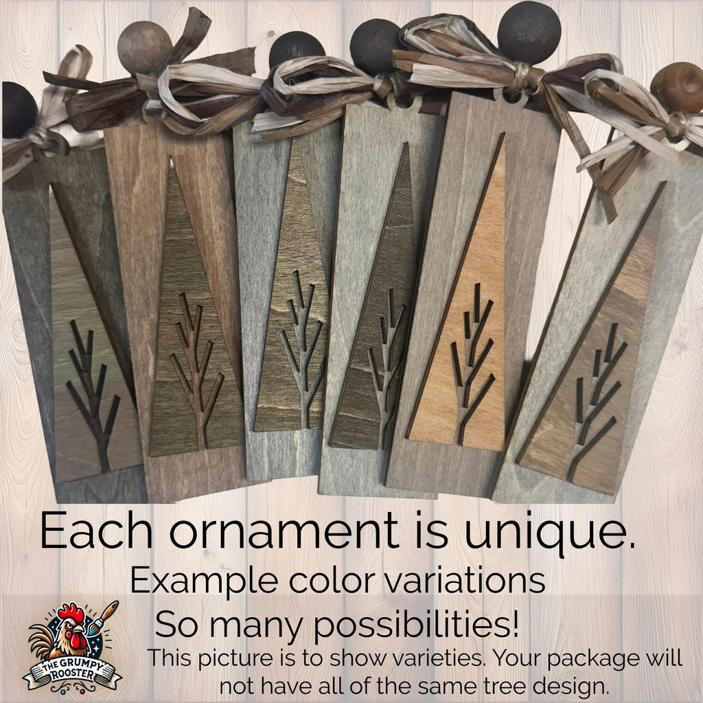 Neutral rustic ornaments in assorted wood stains and styles for farmhouse Christmas décor.