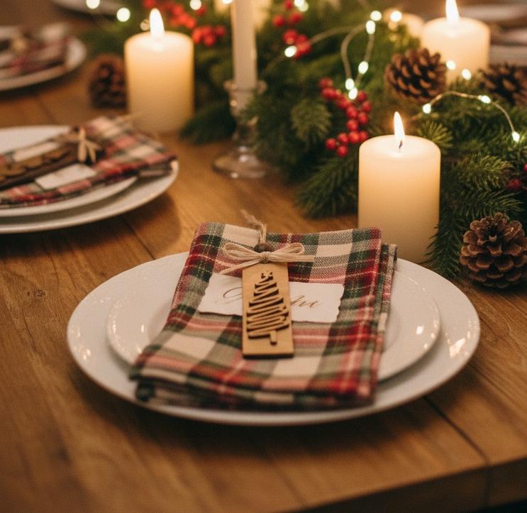 Farmhouse Christmas place setting with rustic wood ornament gift tag on plaid napkin.