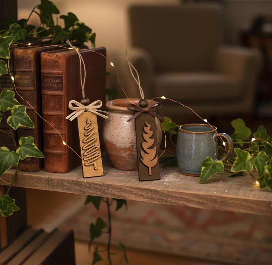 Handmade wooden ornaments styled on bookshelf with fairy lights, cozy holiday décor.