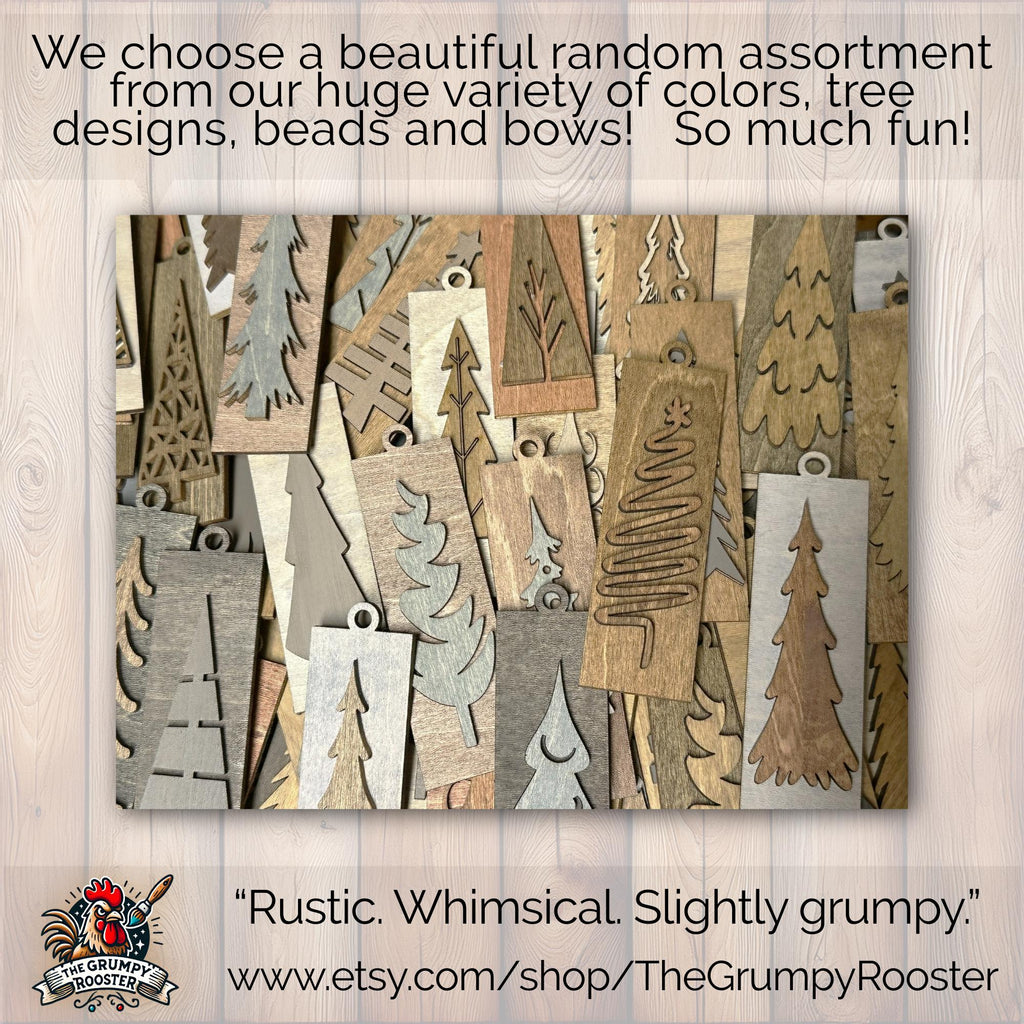 Rustic wood ornaments with natural bows and beads, handmade holiday decoration set.