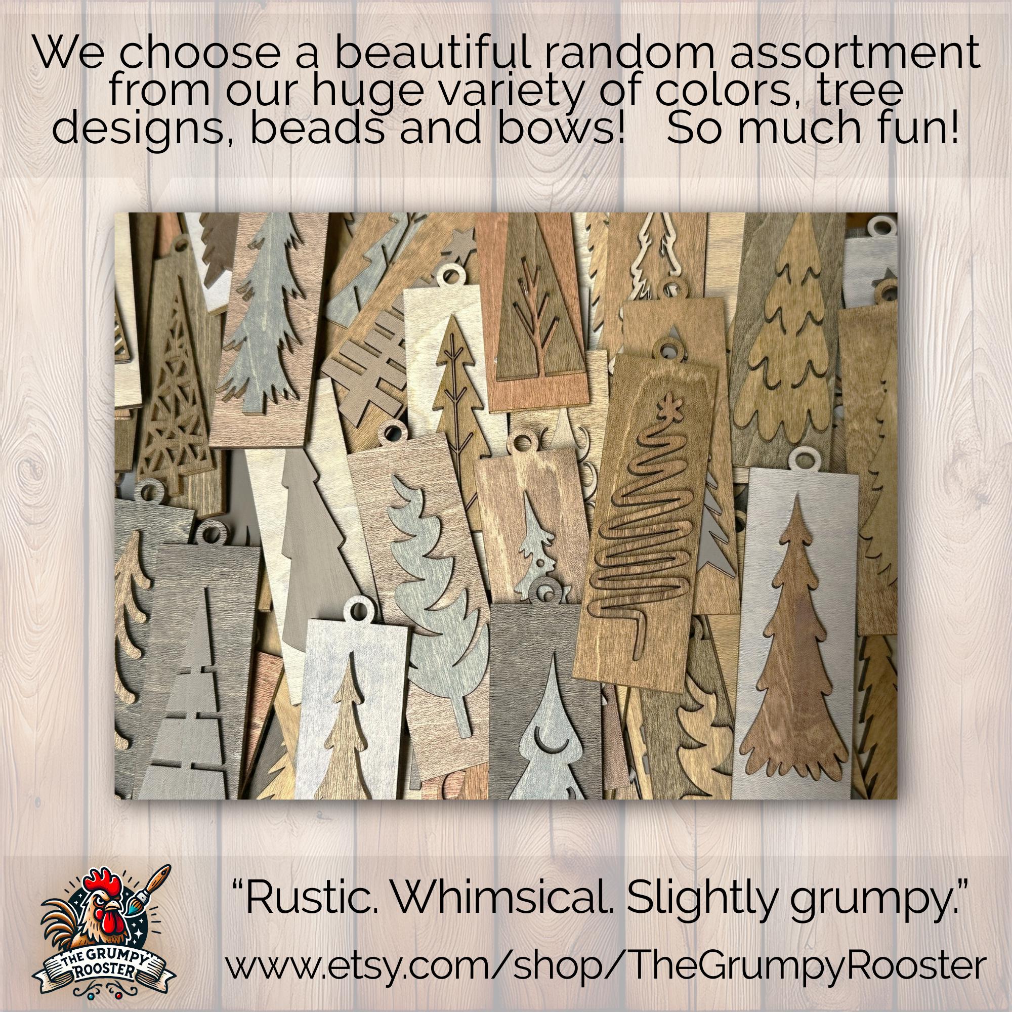 Rustic wood ornaments with natural bows and beads, handmade holiday decoration set.