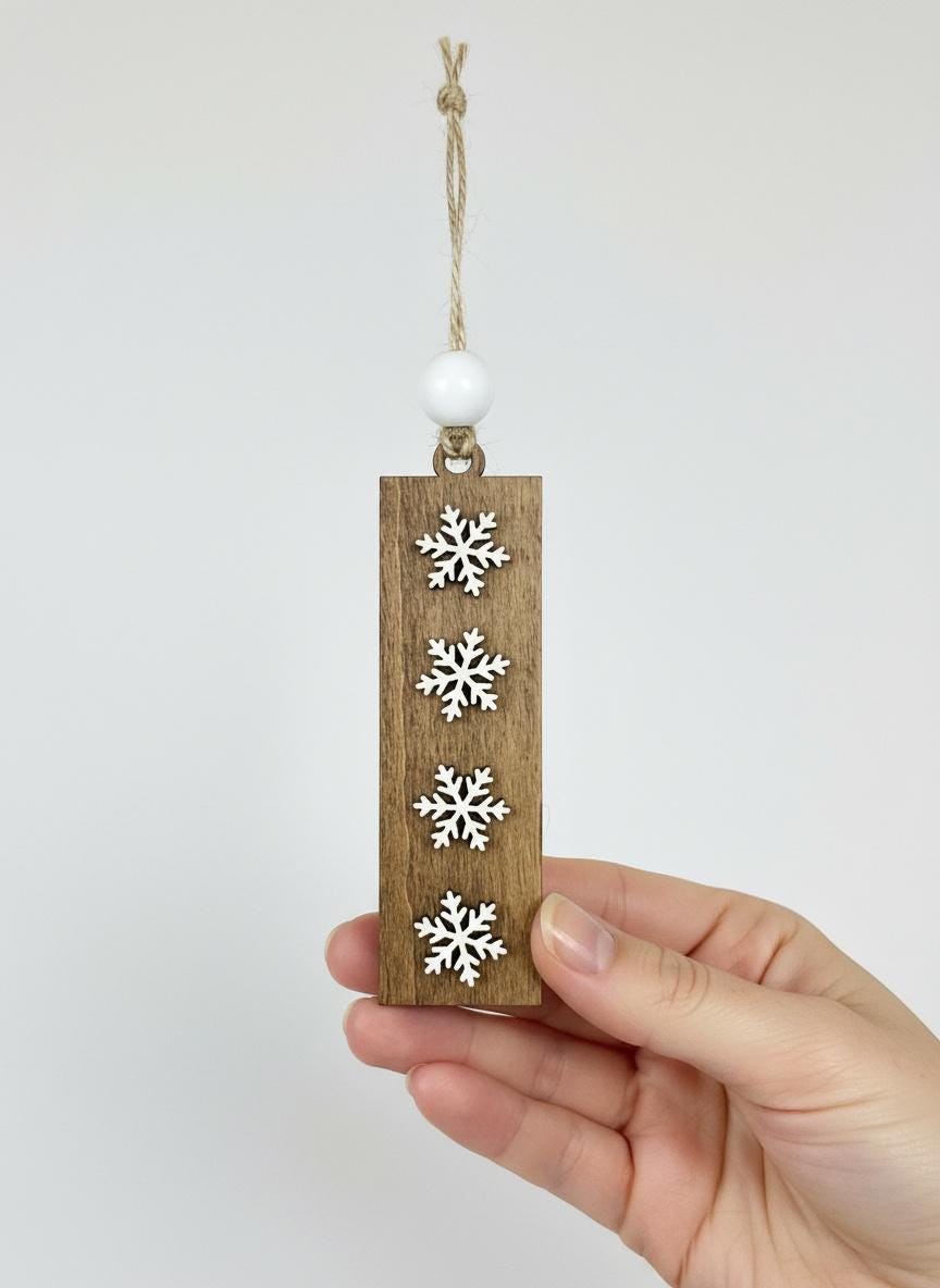 Rustic Wooden Snowflake Ornaments - Handmade Rectangle Christmas Tree Decor - Winter Holiday Farmhouse Style Single or Bulk