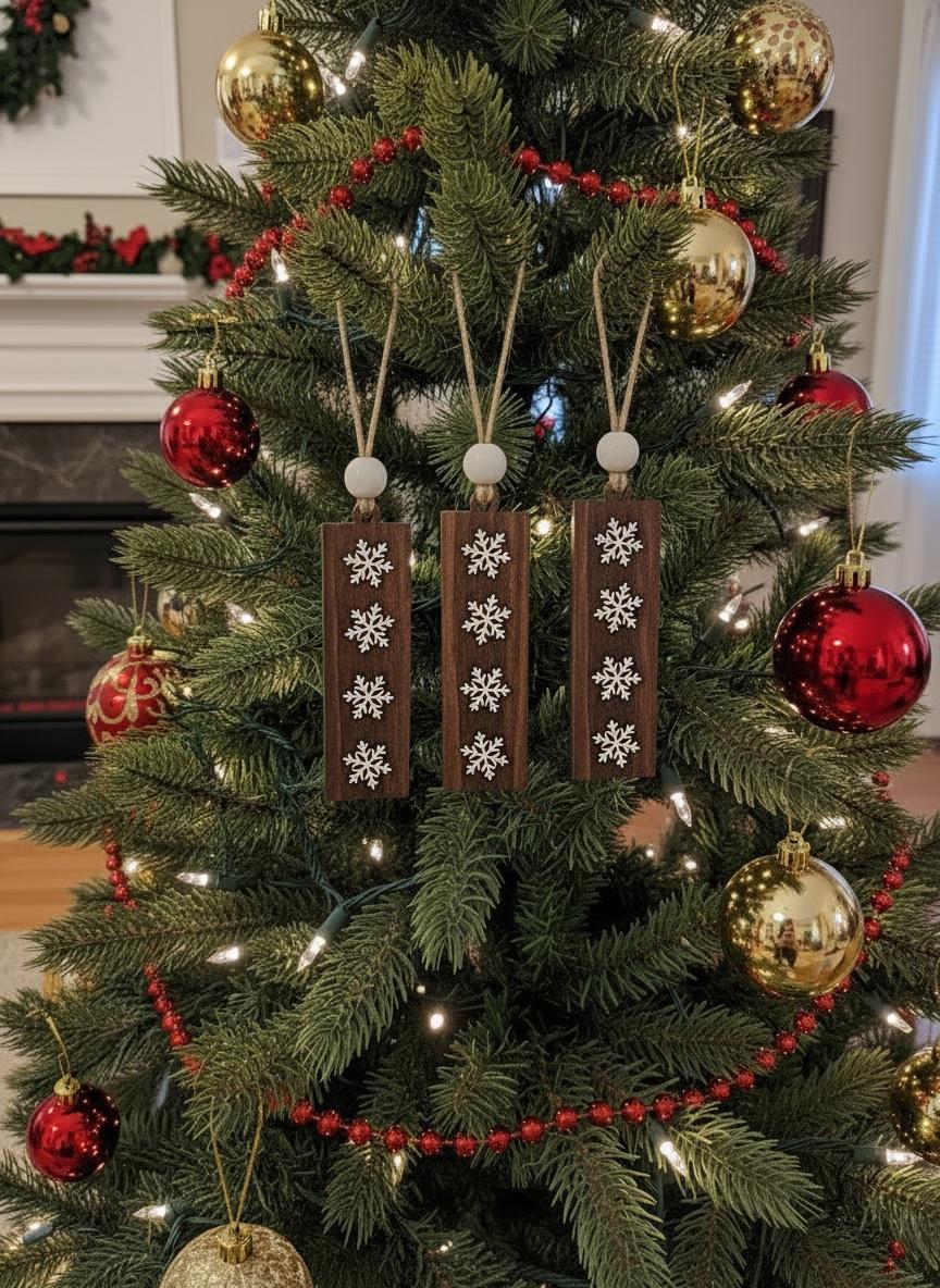 Rustic Wooden Snowflake Ornaments - Handmade Rectangle Christmas Tree Decor - Winter Holiday Farmhouse Style Single or Bulk