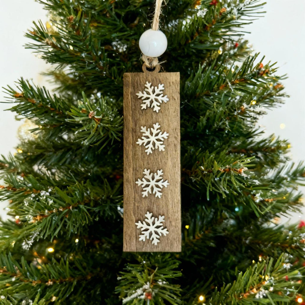 Rustic Wooden Snowflake Ornaments - Handmade Rectangle Christmas Tree Decor - Winter Holiday Farmhouse Style Single or Bulk