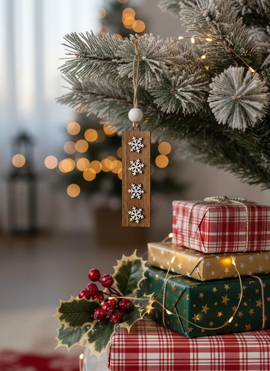 Rustic Wooden Snowflake Ornaments - Handmade Rectangle Christmas Tree Decor - Winter Holiday Farmhouse Style Single or Bulk