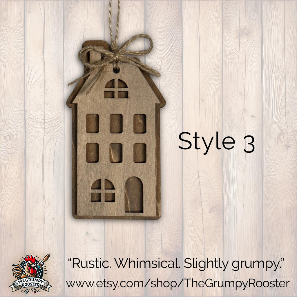 Style 3 rustic layered wooden house ornament with jute bow, handmade farmhouse Christmas decor.