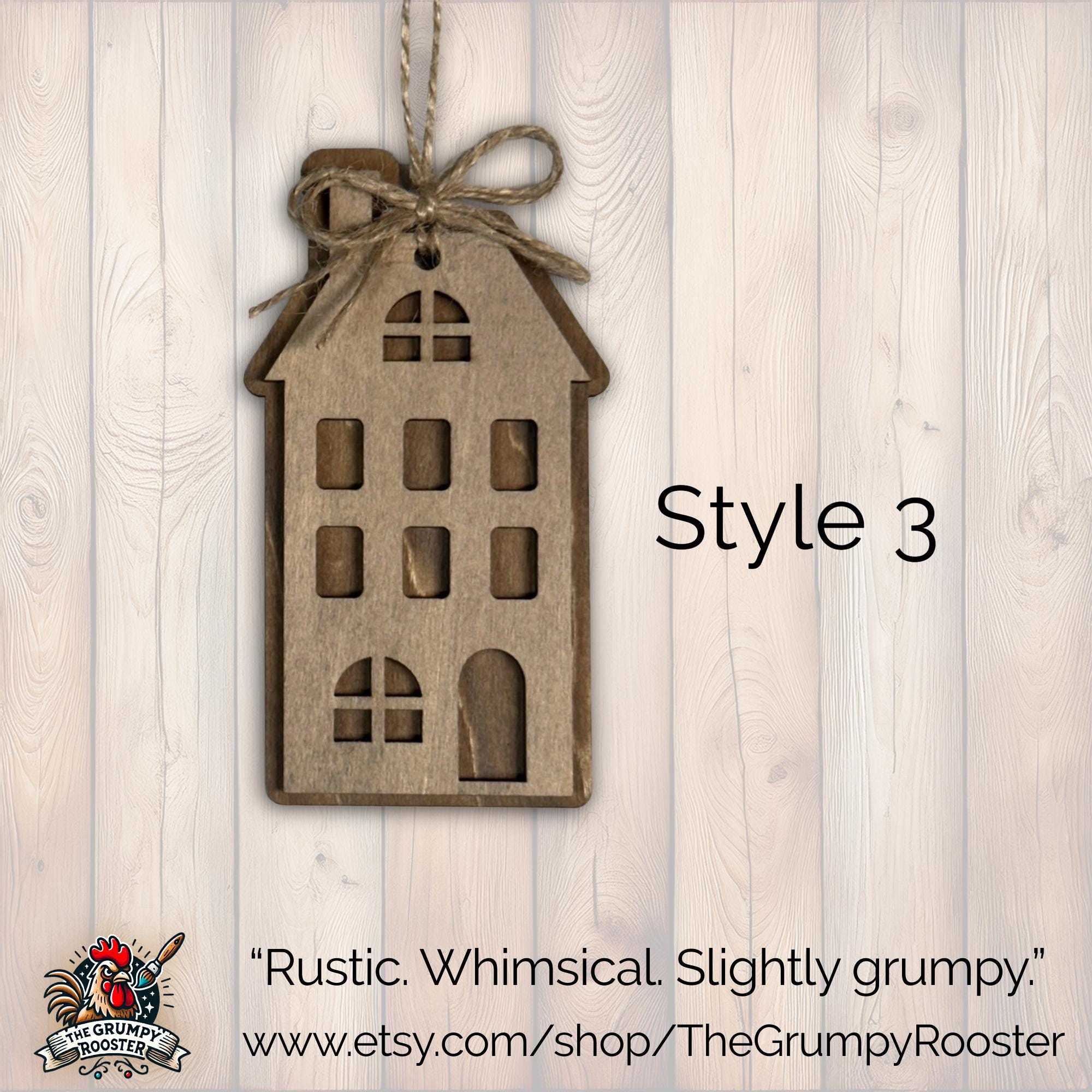 Style 3 rustic layered wooden house ornament with jute bow, handmade farmhouse Christmas decor.
