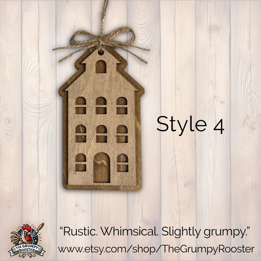 Style 4 rustic layered wooden house ornament with jute bow, handmade farmhouse Christmas decor.