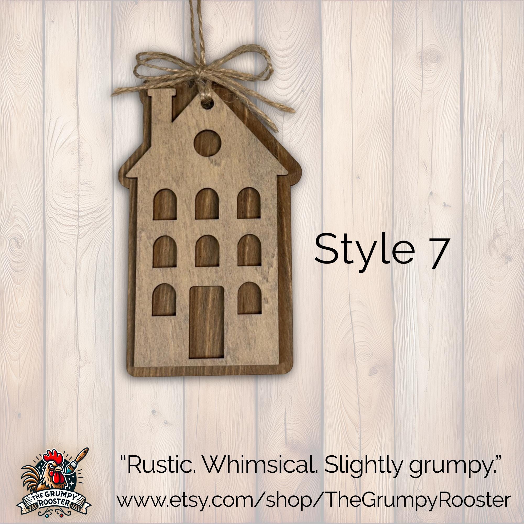 Style 7 rustic layered wooden house ornament with jute bow, handmade farmhouse Christmas decor.