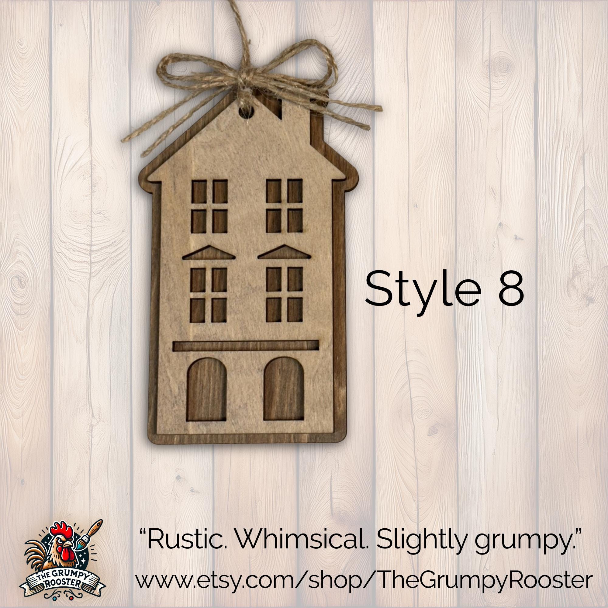 Style 8 rustic layered wooden house ornament with jute bow, handmade farmhouse Christmas decor.