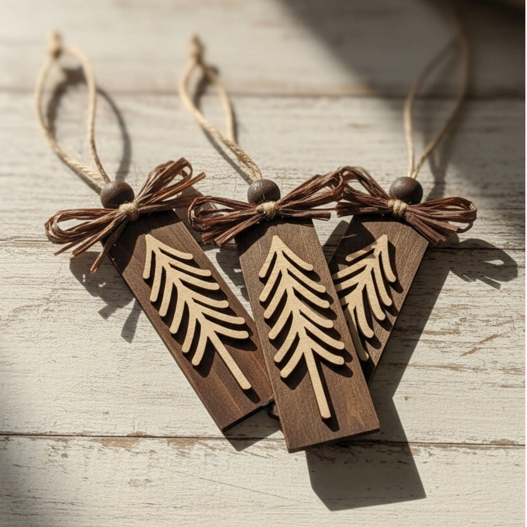 Rustic Evergreen Tree Ornaments – Set of 3 – Tall Layered Wood Design with Brown Bow – Limited Edition Handmade Christmas Decor