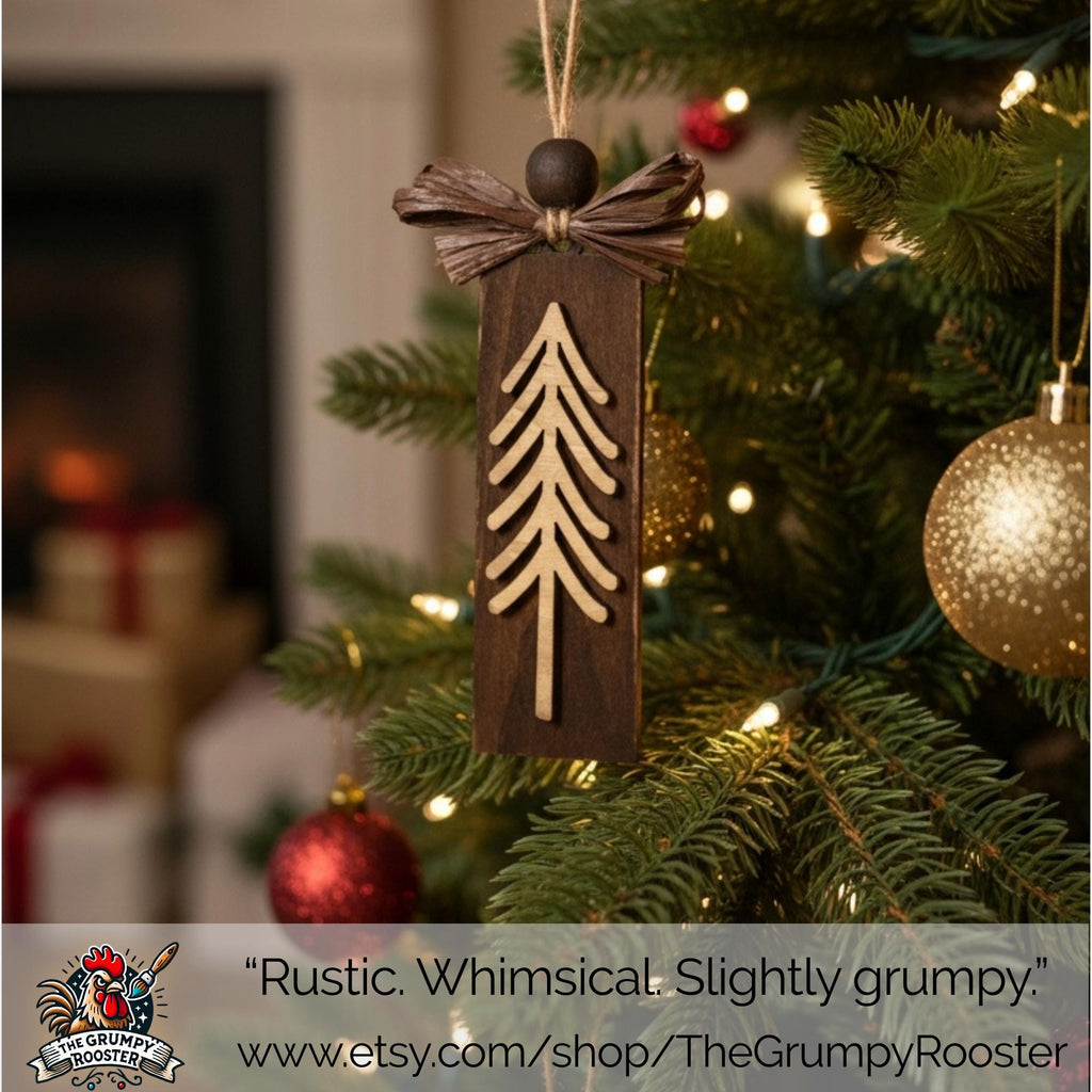 Rustic Evergreen Tree Ornaments – Set of 3 – Tall Layered Wood Design with Brown Bow – Limited Edition Handmade Christmas Decor