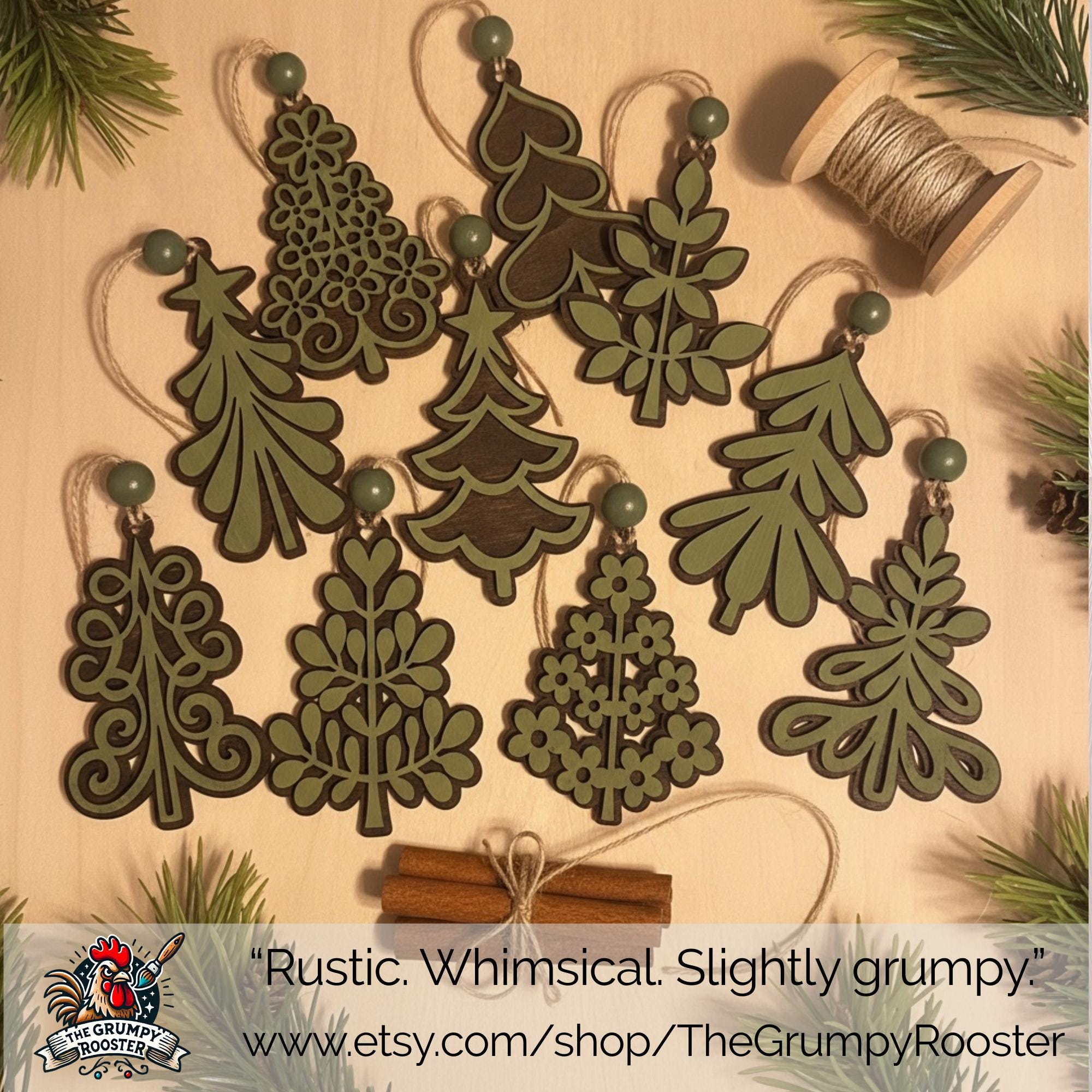 Rustic Green Layered Wood Tree and Leaf Ornaments – Set of 10 Handmade Christmas Decorations – Farmhouse Holiday Decor