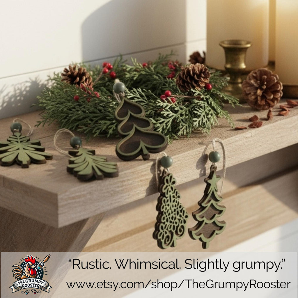 Rustic Green Layered Wood Tree and Leaf Ornaments – Set of 10 Handmade Christmas Decorations – Farmhouse Holiday Decor