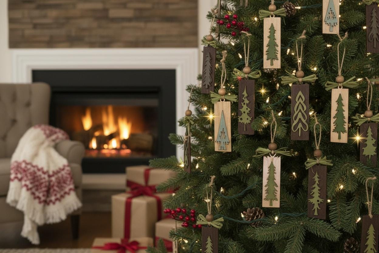 Rustic Christmas Tree Ornaments - Green Gray Brown Stained Vintage Gift Pack or Bulk Winter Tree Holiday Ornament Finished Handpainted