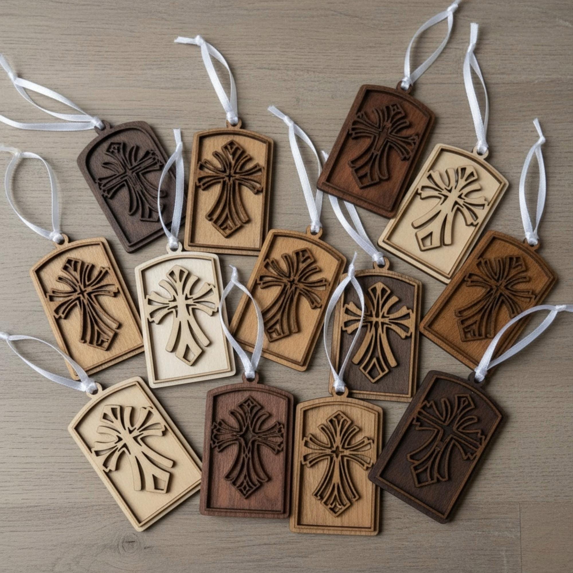 Rustic Wooden Arch Ornaments Set | Christian Christmas Decor | Layered Wood Cross Flourish | 3-Pack or 10-Pack | Handmade Faith Gift Tags