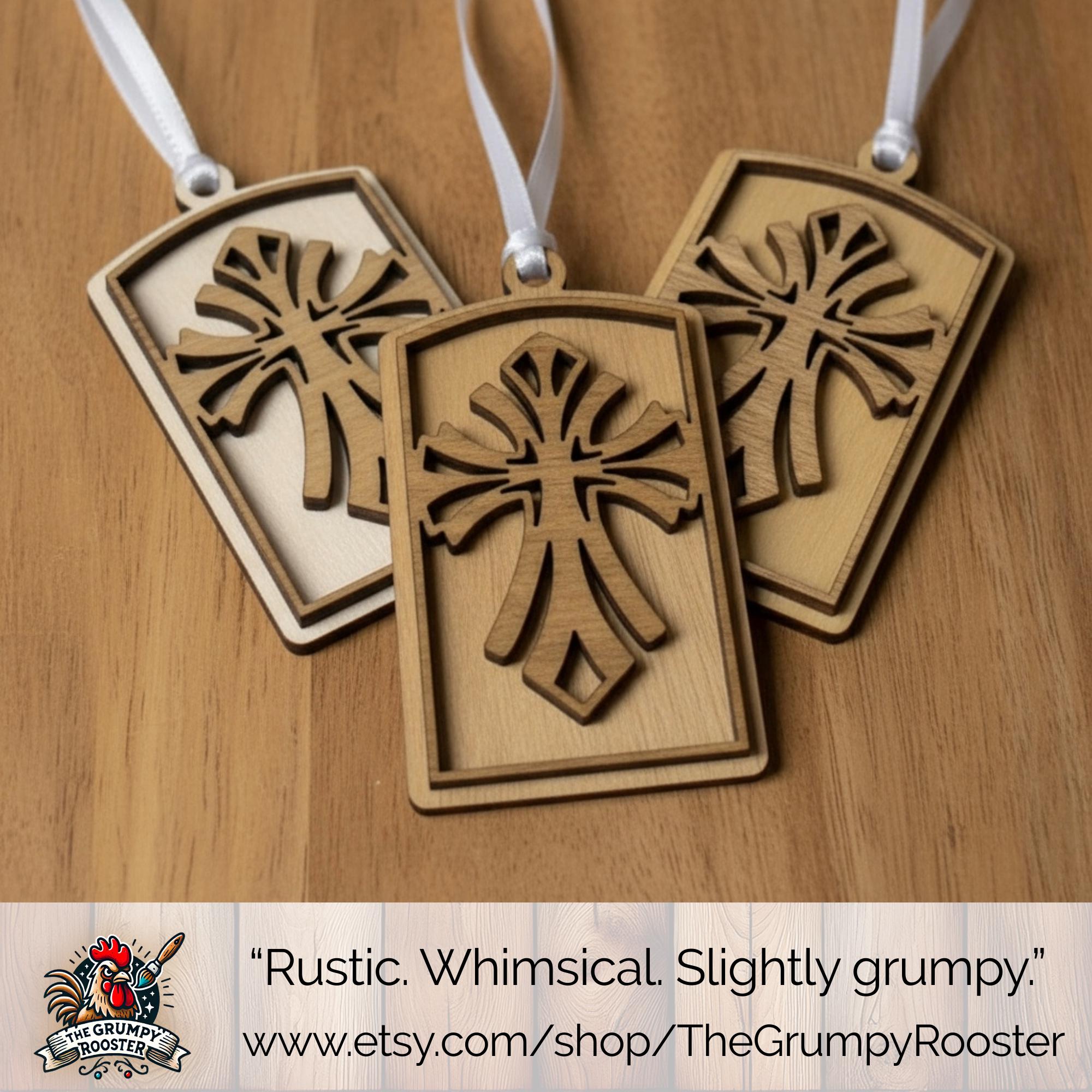 Rustic Wooden Arch Ornaments Set | Christian Christmas Decor | Layered Wood Cross Flourish | 3-Pack or 10-Pack | Handmade Faith Gift Tags