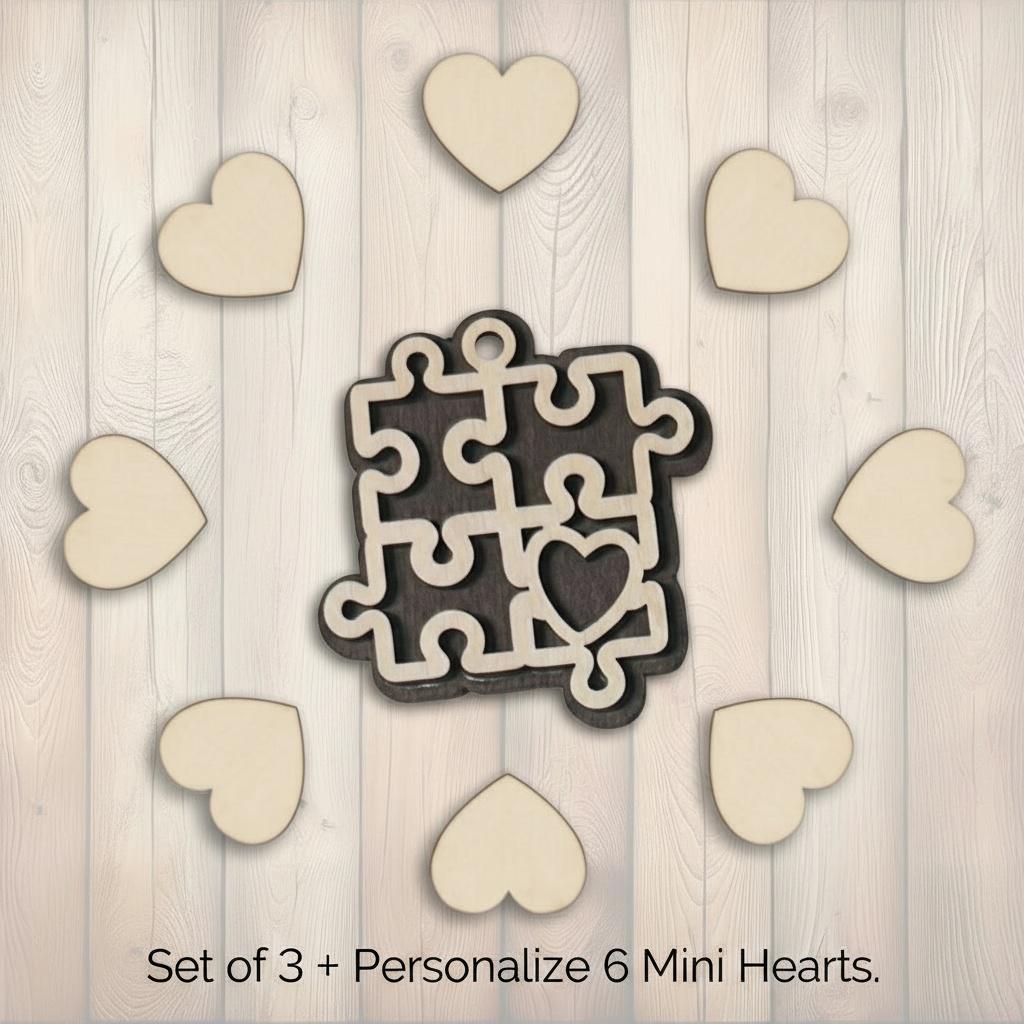 Autism Awareness 3 Puzzle Heart Ornaments – Set of 3 – Layered Wood – Includes 6 Personalizable Hearts – DIY Craft Gift – Handmade