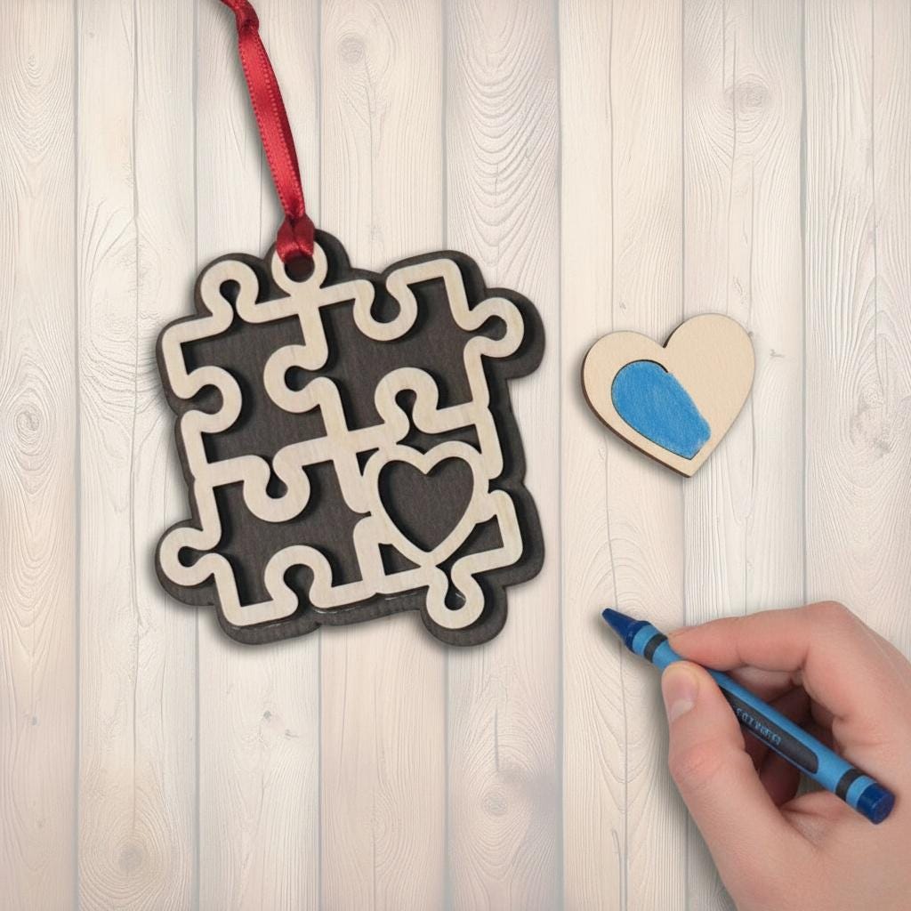 Autism Awareness 3 Puzzle Heart Ornaments – Set of 3 – Layered Wood – Includes 6 Personalizable Hearts – DIY Craft Gift – Handmade
