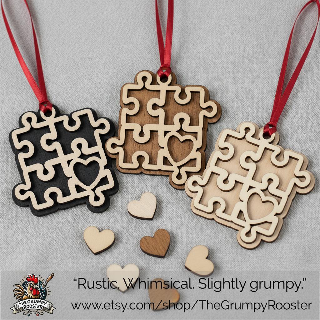 Autism Awareness 3 Puzzle Heart Ornaments – Set of 3 – Layered Wood – Includes 6 Personalizable Hearts – DIY Craft Gift – Handmade