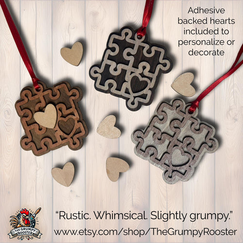Autism Awareness 3 Puzzle Heart Ornaments – Set of 3 – Layered Wood – Includes 6 Personalizable Hearts – DIY Craft Gift – Handmade