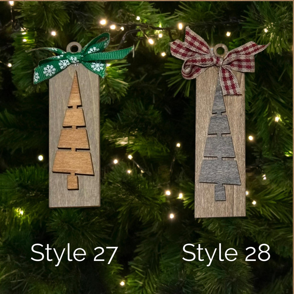 Rustic Wooden Christmas Tree Ornament with Bow • 4.5 inch Farmhouse Holiday Décor • Many Styles to Choose From