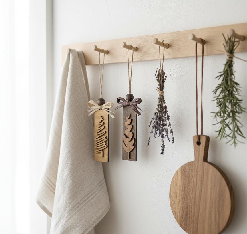 Minimal farmhouse kitchen décor with rustic wooden ornaments hanging on wood pegs.