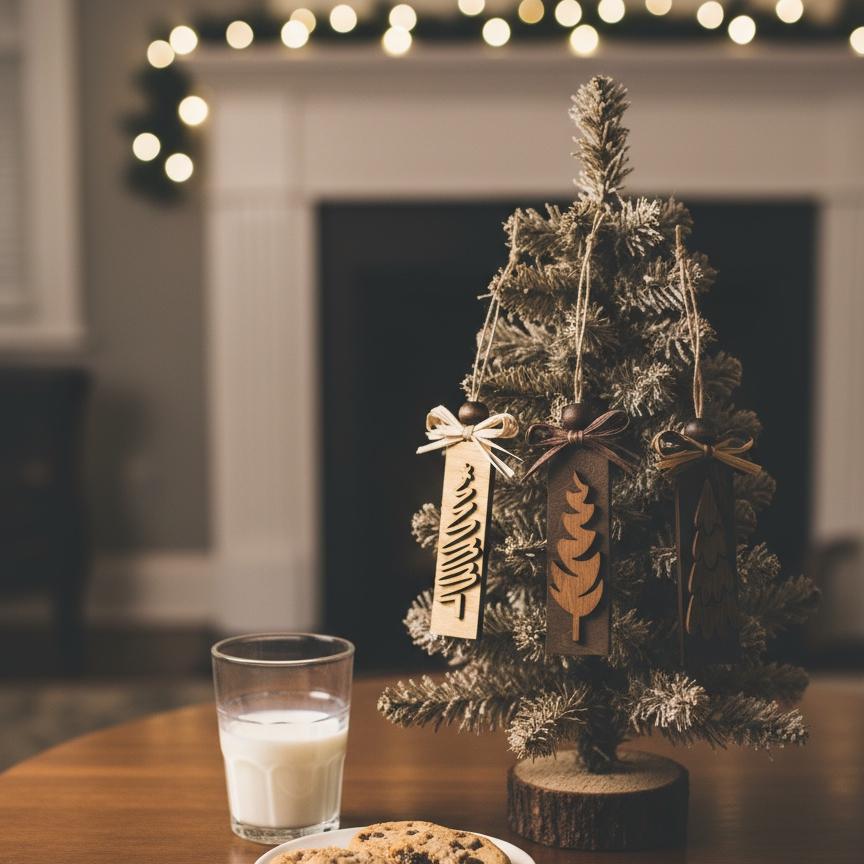 Rustic neutral Christmas ornaments with handmade wooden tree designs and raffia bows.