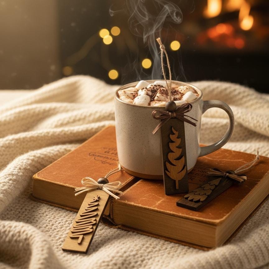 Cozy rustic scene with wooden Christmas ornaments beside hot cocoa and marshmallows.