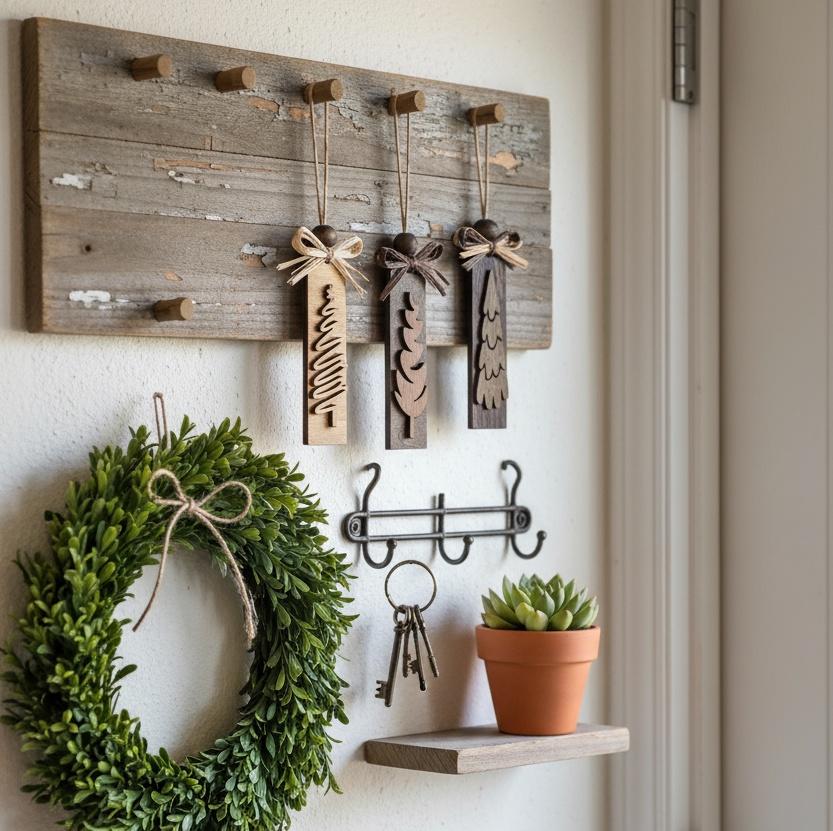Rustic farmhouse entryway with wooden Christmas ornaments hanging beside wreath.