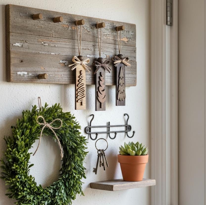 Rustic farmhouse entryway with wooden Christmas ornaments hanging beside wreath.