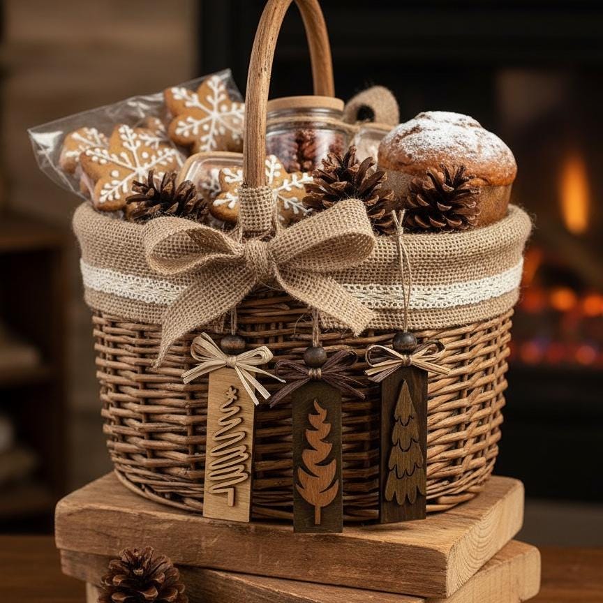 Rustic wicker gift basket decorated with wooden Christmas ornaments and pinecones.