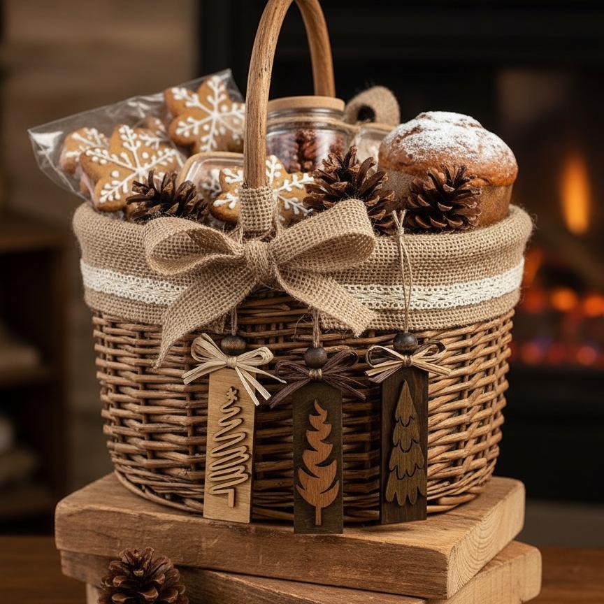 Rustic wicker gift basket decorated with wooden Christmas ornaments and pinecones.