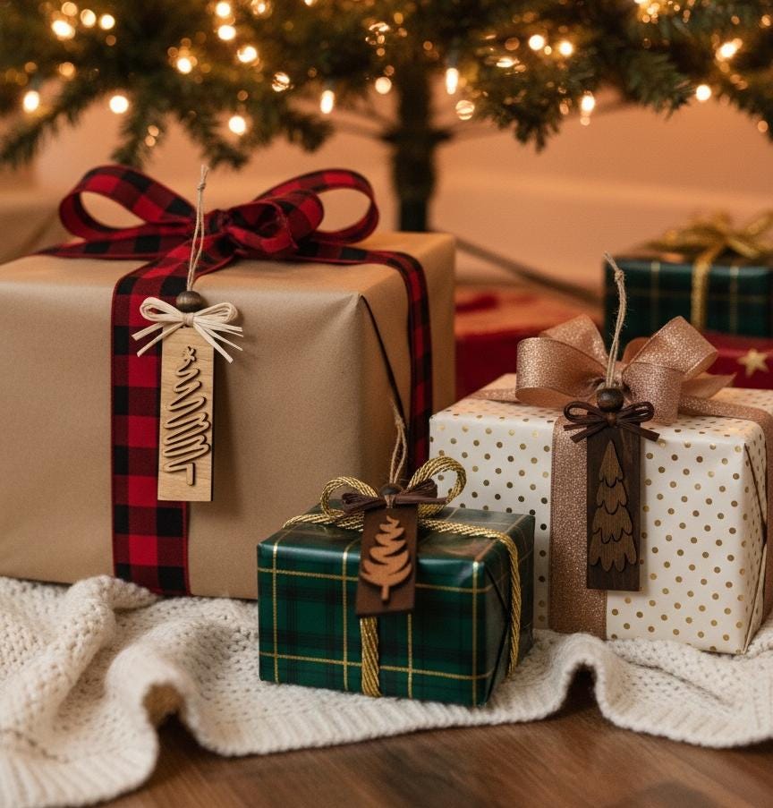 Natural wooden holiday ornaments with rustic design and neutral stain variations.