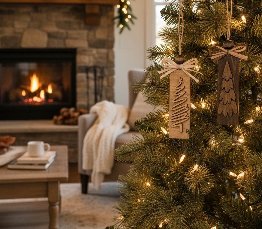 Wooden tree ornaments hanging on Christmas tree with fireplace background, cozy décor.