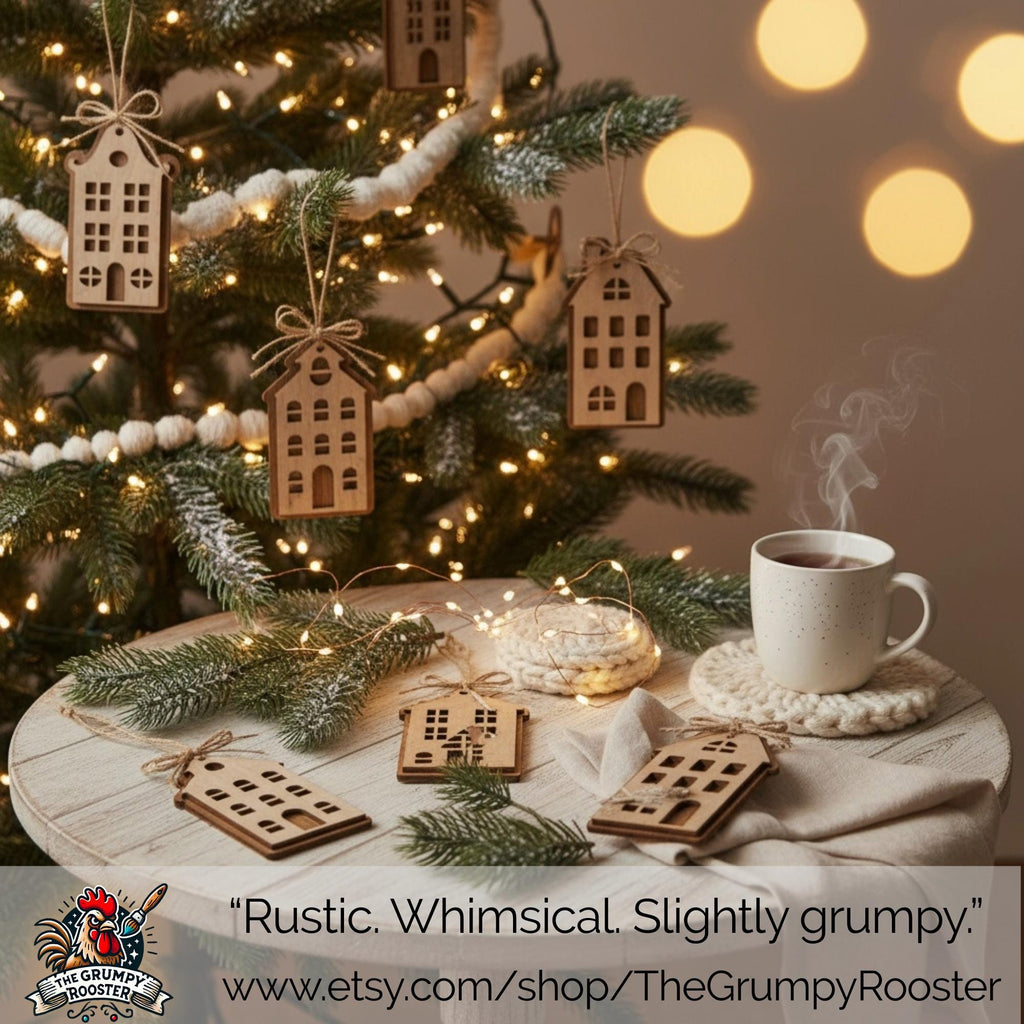 Rustic wooden house ornaments hanging on Christmas tree with warm lights and cozy farmhouse decor.