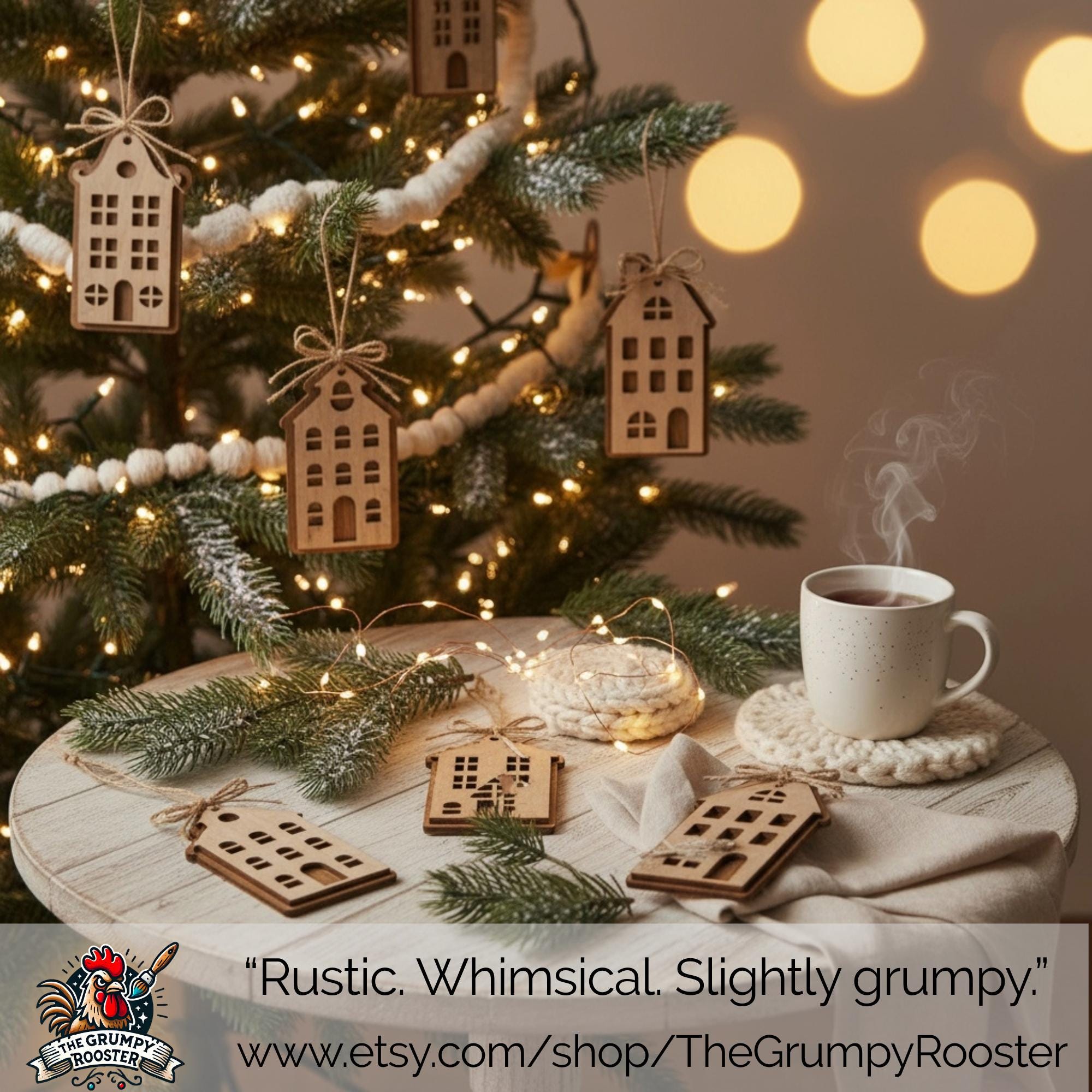 Rustic wooden house ornaments hanging on Christmas tree with warm lights and cozy farmhouse decor.