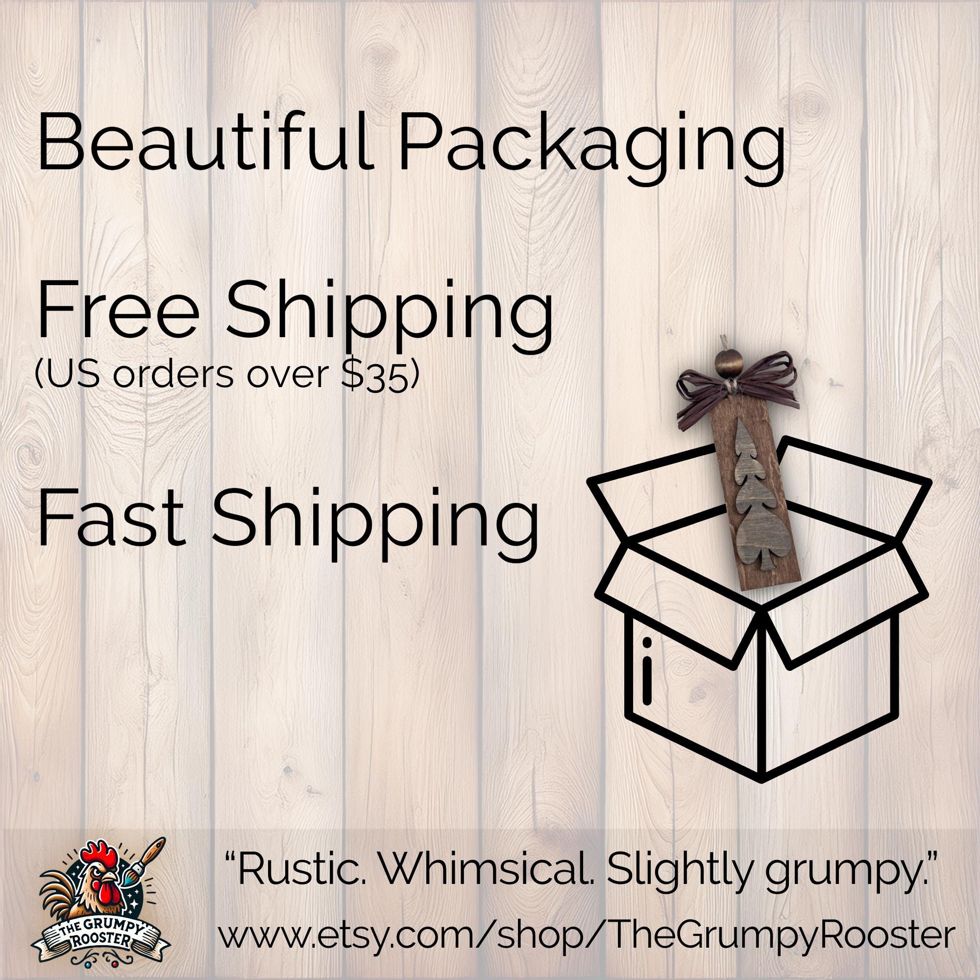 Beautiful packaging with free and fast shipping from The Grumpy Rooster.