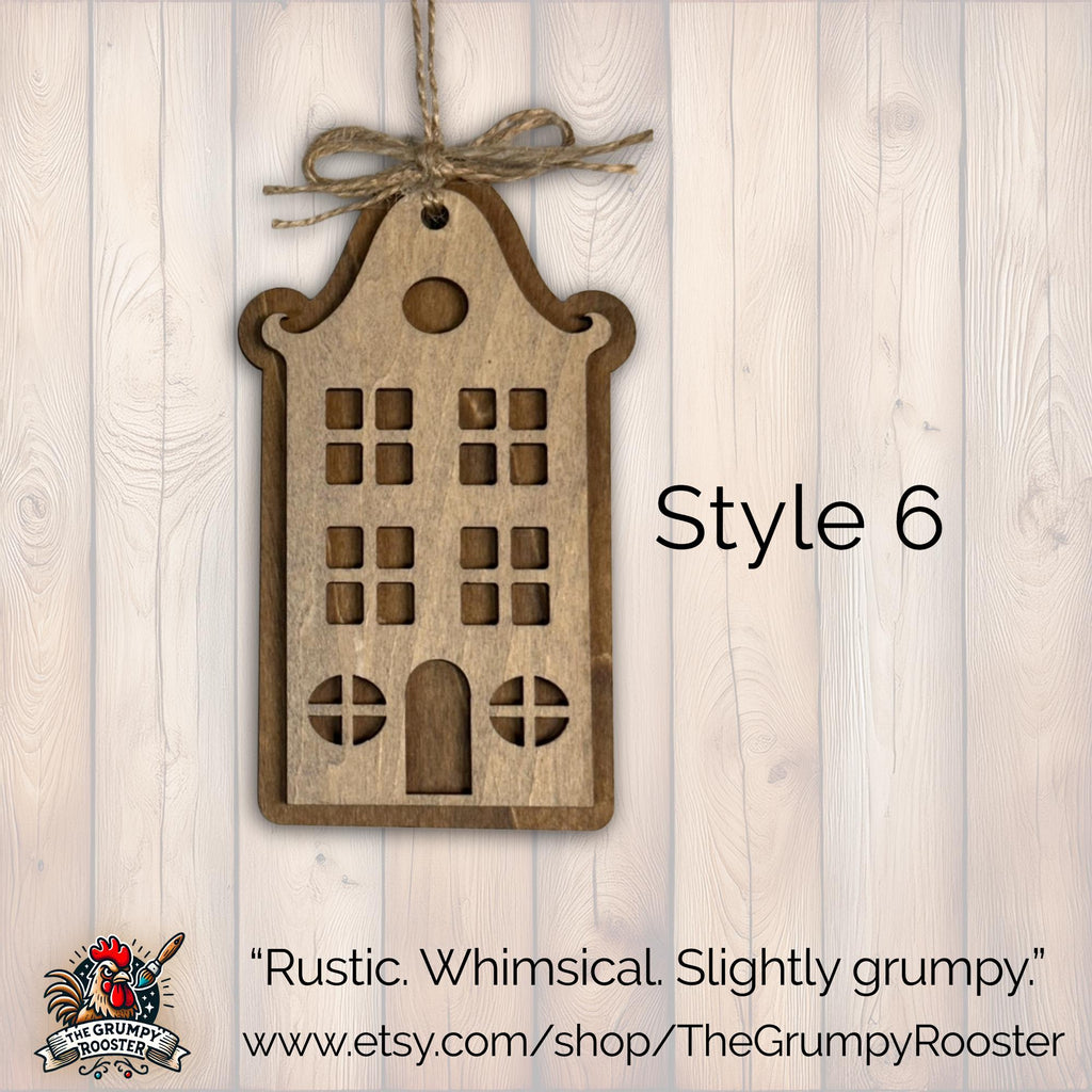 Style 6 rustic layered wooden house ornament with jute bow, handmade farmhouse Christmas decor.