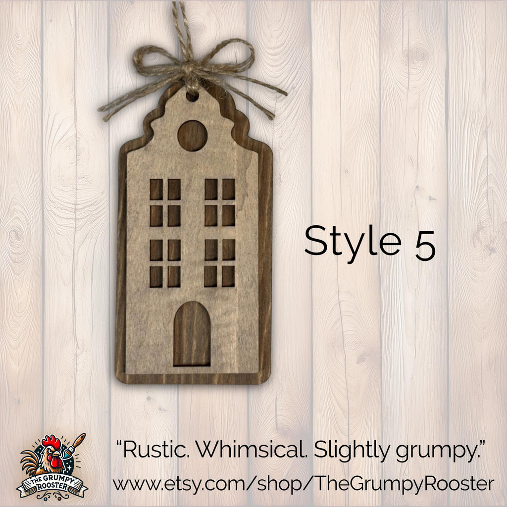 Style 5 rustic layered wooden house ornament with jute bow, handmade farmhouse Christmas decor.