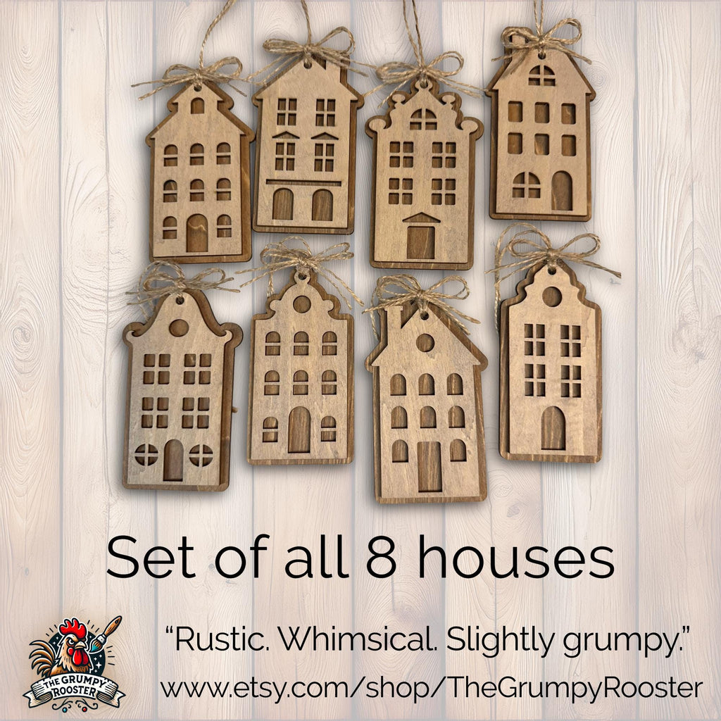 All eight rustic wooden house ornaments arranged together on neutral background, farmhouse Christmas style.